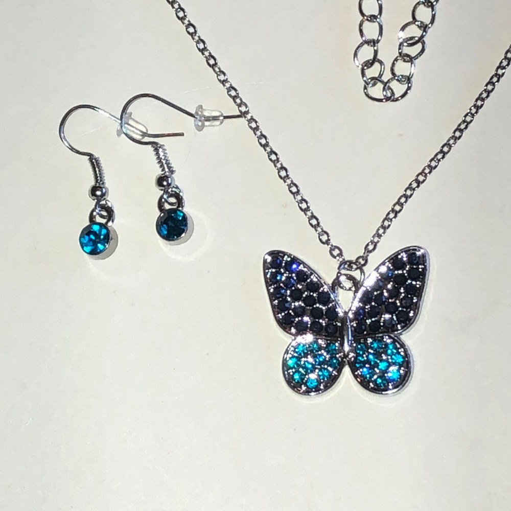 Silver Tone Butterfly Necklace and Earrings Set with Teal and Dark Blue Crystals